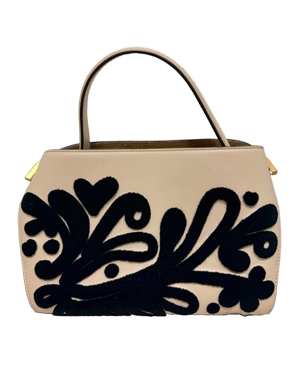 Oscar de la Renta Tan Satchel with Black Appliqué